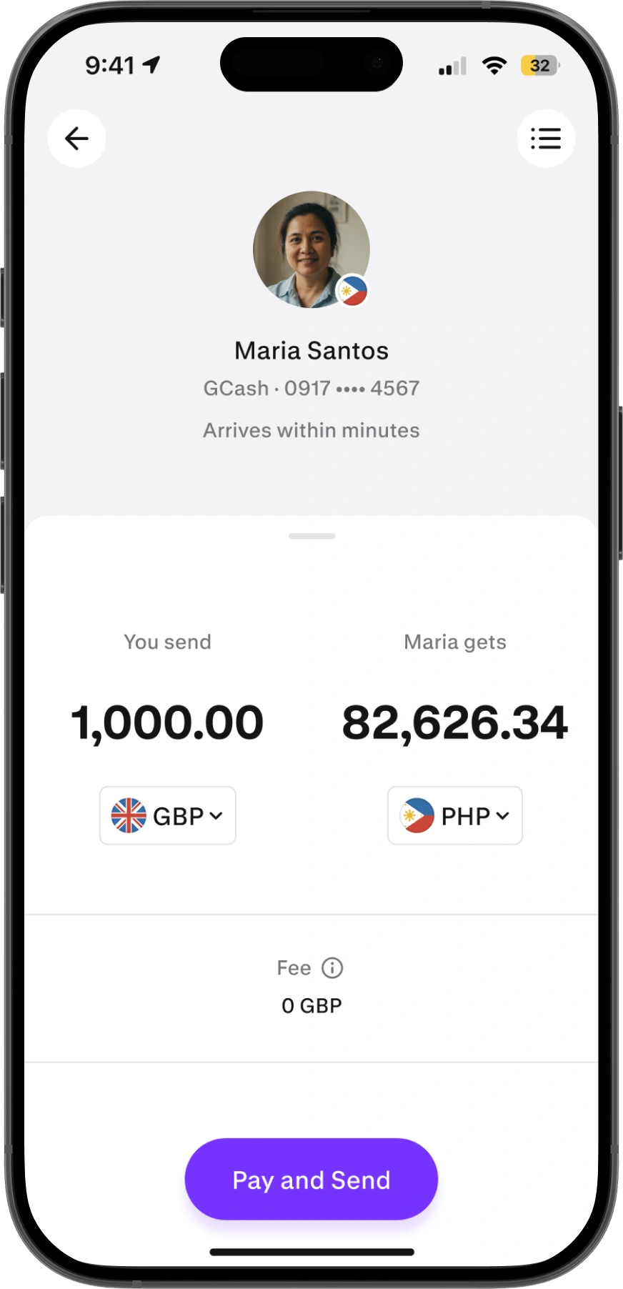 Paysend app showing a transfer to a GCash recipient